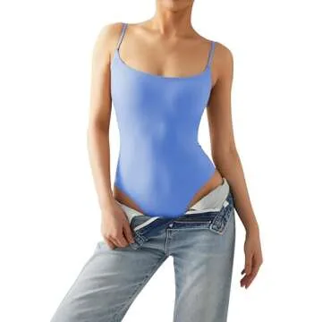 SUUKSESS Women Sexy Square Neck Thong Bodysuit Backless Sleeveless Basic Cami Body Suit Top (Haze Blue, M)