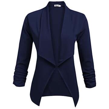 Qearal Womens Solid 3/4 Ruched Sleeve Open Front Draped Lapel Work Office Blazer Jacket
