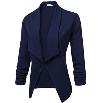 Qearal Womens Solid 3/4 Ruched Sleeve Open Front Draped Lapel Work Office Blazer Jacket