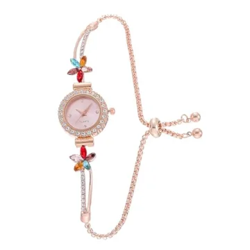 ADSBIAOYE Women's Fashion Simple Floral Bracelet Watch Diamond Quartz Light Luxury Watch (Pink)