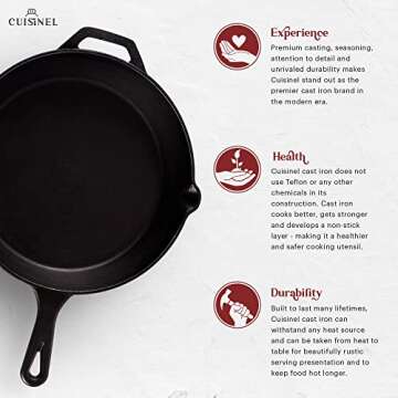 Cuisinel Cast Iron Skillet - 12"-Inch Frying Pan with Assist Handle + Red Silicone Grip Cover - Pre-...