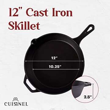 Cuisinel Cast Iron Skillet - 12"-Inch Frying Pan with Assist Handle + Red Silicone Grip Cover - Pre-Seasoned Oven Safe Cookware - Indoor/Outdoor Use - Grill, Stovetop, Induction, BBQ and Firepit Safe