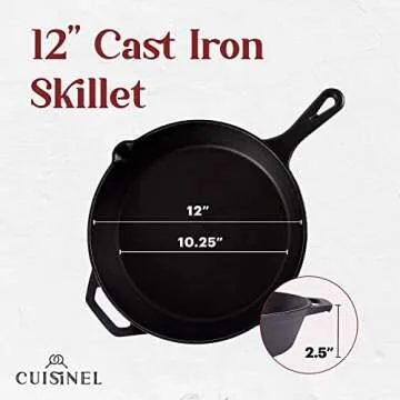Cuisinel Cast Iron Skillet - 12"-Inch Frying Pan with Assist Handle + Red Silicone Grip Cover - Pre-Seasoned Oven Safe Cookware - Indoor/Outdoor Use - Grill, Stovetop, Induction, BBQ and Firepit Safe