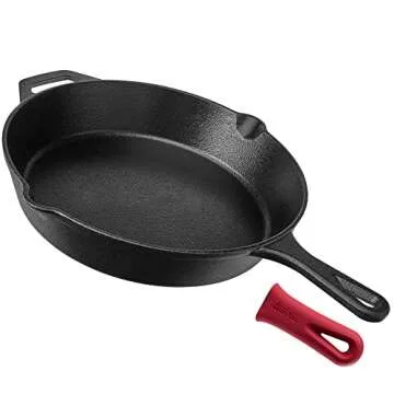 Cuisinel Cast Iron Skillet - 12"-Inch Frying Pan with Assist Handle + Red Silicone Grip Cover - Pre-Seasoned Oven Safe Cookware - Indoor/Outdoor Use - Grill, Stovetop, Induction, BBQ and Firepit Safe