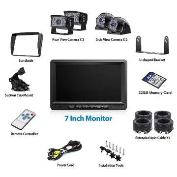ZEROXCLUB HD Backup Camera System Kit, Loop Recording 7" Monitor with 4 Cameras, IR Night Vision Waterproof Camera with Parking Lines for Bus, Semi-Truck, Trailer, RV, Camper, BY704A