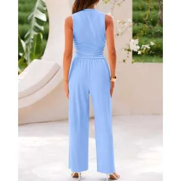 BTFBM Women Summer 2 Piece Outfits Ribbed Knit Crew Neck Sleeveless Cropped Top Elastic Waist Wide Leg Pants Lounge Set(Solid Light Blue, Large)