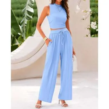BTFBM Women Summer 2 Piece Outfits Ribbed Knit Crew Neck Sleeveless Cropped Top Elastic Waist Wide Leg Pants Lounge Set(Solid Light Blue, Large)
