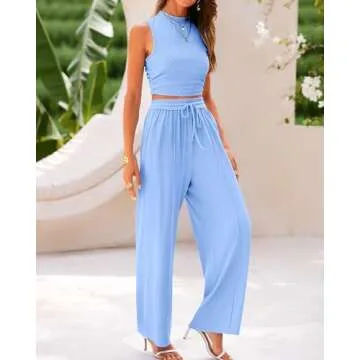 BTFBM Women Summer 2 Piece Outfits Ribbed Knit Crew Neck Sleeveless Cropped Top Elastic Waist Wide Leg Pants Lounge Set(Solid Light Blue, Large)