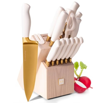 Elegant White and Gold Knife Set with Self-Sharpener