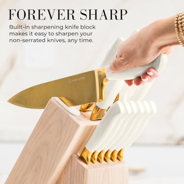 Elegant White and Gold Knife Set with Self-Sharpener