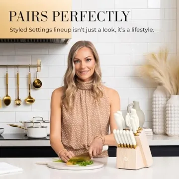 Elegant White and Gold Knife Set with Self-Sharpener