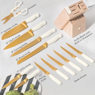 Elegant White and Gold Knife Set with Self-Sharpener