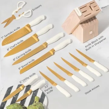 Elegant White and Gold Knife Set with Self-Sharpener