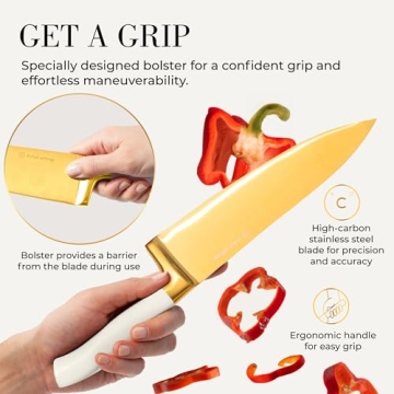 Elegant White and Gold Knife Set with Self-Sharpener