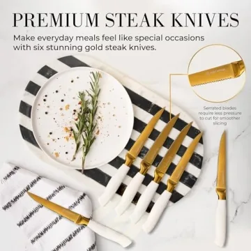 Elegant White and Gold Knife Set with Self-Sharpener