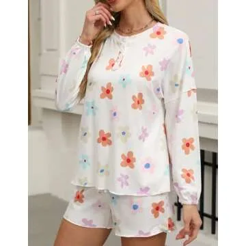 Cnlinkco Women Knit Pajamas Set Nightwear Long Sleeve Shirt 2 Pieces Casual Button Outfit Lounge Sle...