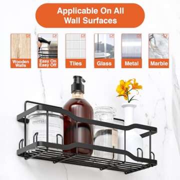 Shower Caddy Bathroom Shelves, The Athena Silken Black 4 Set, 40LB Capacity, Adhesive Tape - No Dril...