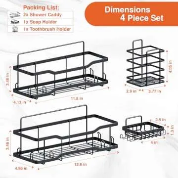 Shower Caddy Bathroom Shelves, The Athena Silken Black 4 Set, 40LB Capacity, Adhesive Tape - No Drill-Rustproof -Gorgeous Powder Coated 304 Stainless Steel Shower Organizer for kitchen and Home Decor