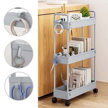 SOLEJAZZ Slim Storage Cart, 3 Tier Bathroom Cart Organizer Mobile Shelving Unit Rolling Utility Cart, Slide Out Organizer for Kitchen, Bathroom, Laundry, Narrow Places, Gray