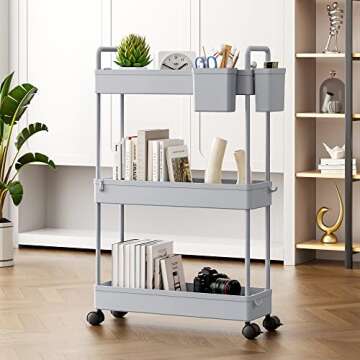 SOLEJAZZ Slim Storage Cart, 3 Tier Bathroom Cart Organizer Mobile Shelving Unit Rolling Utility Cart, Slide Out Organizer for Kitchen, Bathroom, Laundry, Narrow Places, Gray