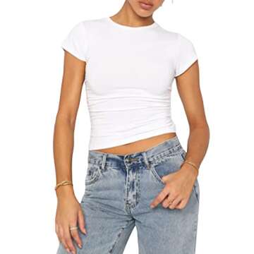 Sexy Short Sleeve Top for Women Solid Slim Fitted Shirt Tee Basic Crew Neck Crop Top Blouse(B-White,...