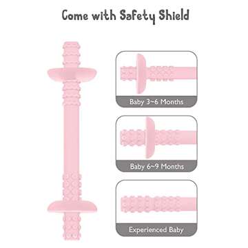 Giftty Teething Tube with Safety Shield Baby Hollow Teether Sensory Toys Gum Massager, Food-Grade Silicone for Infant 3-12 Months Boys Girls, 1 Pair with 4 Cleaning Brush Included (Pink+Mint)