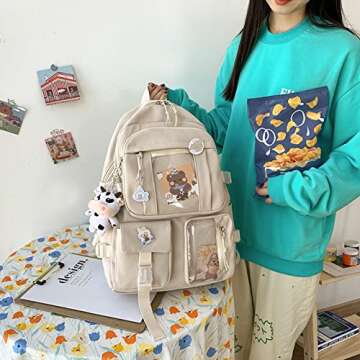 Eagerrich Cute Backpack with Cute Pin Accessories Plush Pendant for School Bag Student Girl Backpack...