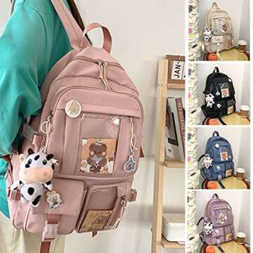 Eagerrich Cute Backpack with Cute Pin Accessories Plush Pendant for School Bag Student Girl Backpack Super-Capacity Waterproof Travel Backpack(Beige)
