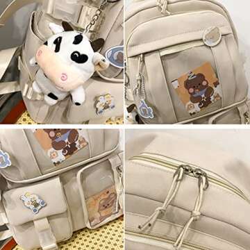 Eagerrich Cute Backpack with Cute Pin Accessories Plush Pendant for School Bag Student Girl Backpack Super-Capacity Waterproof Travel Backpack(Beige)
