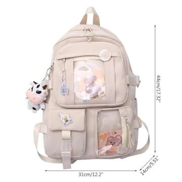 Eagerrich Cute Backpack with Cute Pin Accessories Plush Pendant for School Bag Student Girl Backpack Super-Capacity Waterproof Travel Backpack(Beige)