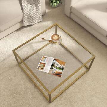 SAYGOER Gold Coffee Table Glass Modern Coffee Tables for Small Space Simple Square Center Table for ...