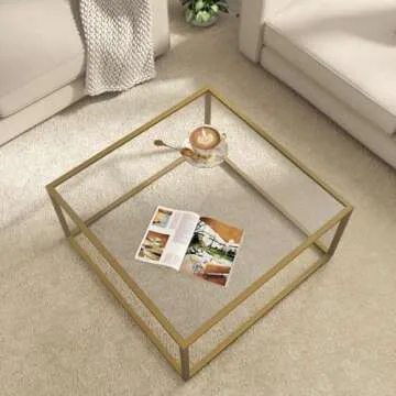 SAYGOER Gold Coffee Table Glass Modern Coffee Tables for Small Space Simple Square Center Table for ...