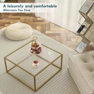 SAYGOER Gold Coffee Table Glass Modern Coffee Tables for Small Space Simple Square Center Table for Living Room Home Office 26.7 x 26.7 x 17.7, Easy Assembly
