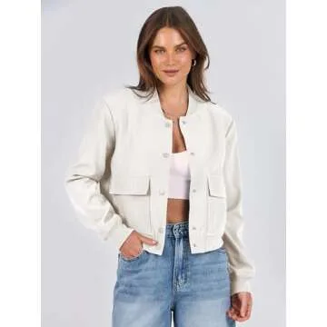 ANRABESS Womens Bomber Jacket Button Cropped Casual Varsity Jackets Shackets Fall Trendy Fashion Travel Outfits with Pockets Beige M