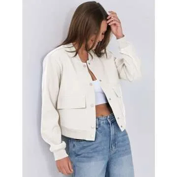ANRABESS Womens Bomber Jacket Button Cropped Casual Varsity Jackets Shackets Fall Trendy Fashion Travel Outfits with Pockets Beige M