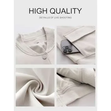 ANRABESS Womens Bomber Jacket Button Cropped Casual Varsity Jackets Shackets Fall Trendy Fashion Travel Outfits with Pockets Beige M