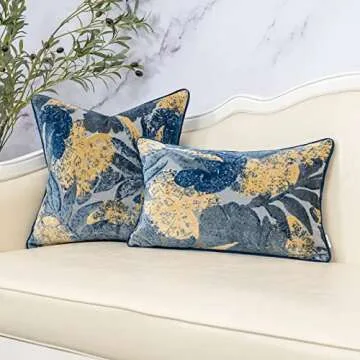 Yangest Blue Leaf Rectangle Pillow Cover Cut Velvet Cushion Cover Luxury Modern Pillowcover for Couch Living Room Bedroom,12x20 Inch