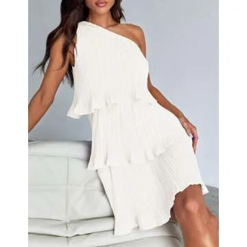 ZESICA Women's 2024 Summer Sleeveless Mini Dress Boho One Shoulder Ruffle Tiered Layered Chiffon Flowy A Line Dresses,White,Small