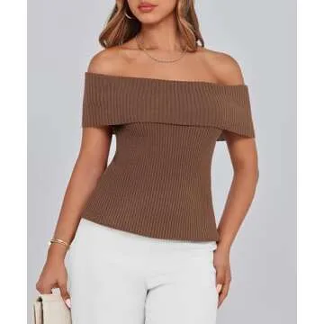PRETTYGARDEN Women's 2025 Summer Off Shoulder Sweater Tops Ribbed Knit Short Sleeve Trendy Going Out Date Night Blouse (Coffee,Medium)