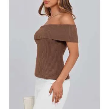PRETTYGARDEN Women's 2025 Summer Off Shoulder Sweater Tops Ribbed Knit Short Sleeve Trendy Going Out Date Night Blouse (Coffee,Medium)