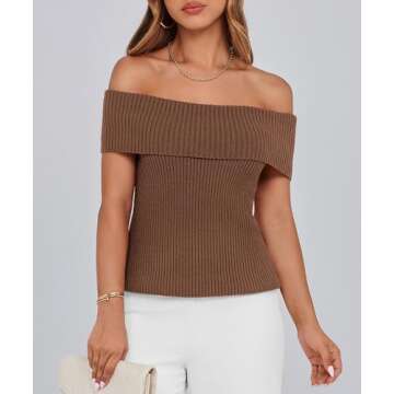 PRETTYGARDEN Women's 2025 Summer Off Shoulder Sweater Tops Ribbed Knit Short Sleeve Trendy Going Out Date Night Blouse (Coffee,Medium)