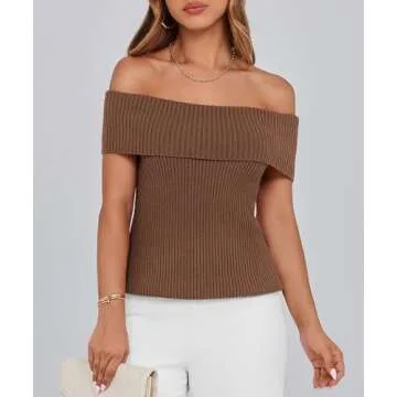 PRETTYGARDEN Women's 2025 Summer Off Shoulder Sweater Tops Ribbed Knit Short Sleeve Trendy Going Out Date Night Blouse (Coffee,Medium)