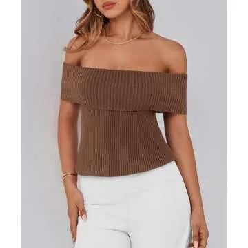 PRETTYGARDEN Women's 2025 Summer Off Shoulder Sweater Tops Ribbed Knit Short Sleeve Trendy Going Out Date Night Blouse (Coffee,Medium)