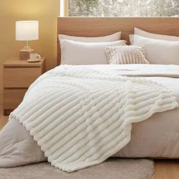 Bedsure Twin Blanket for Bed - Super Soft Cozy Blankets for Women, Cute Small Fleece Throws for Girls, White，60x80 Inches, Wider Striped Design