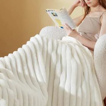 Bedsure Twin Blanket for Bed - Super Soft Cozy Blankets for Women, Cute Small Fleece Throws for Girls, White，60x80 Inches, Wider Striped Design