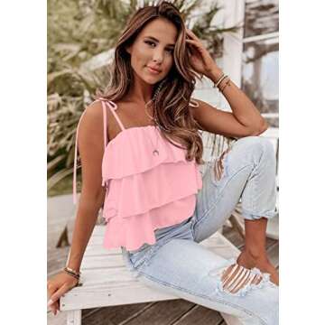 KIRUNDO Women's 2025 Summer Spaghetti Strap Cami Tank Tops Tiered Ruffle Tie Shoulder Flowy Sleeveless Shirts Camisole(Pink, Small)