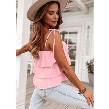 KIRUNDO Women's 2025 Summer Spaghetti Strap Cami Tank Tops Tiered Ruffle Tie Shoulder Flowy Sleeveless Shirts Camisole(Pink, Small)