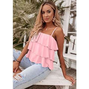 KIRUNDO Women's 2025 Summer Spaghetti Strap Cami Tank Tops Tiered Ruffle Tie Shoulder Flowy Sleeveless Shirts Camisole(Pink, Small)