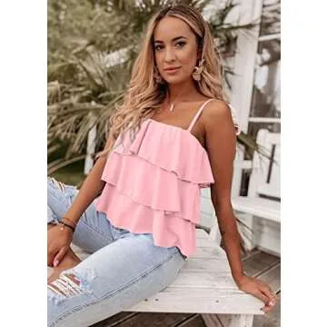 KIRUNDO Women's 2025 Summer Spaghetti Strap Cami Tank Tops Tiered Ruffle Tie Shoulder Flowy Sleeveless Shirts Camisole(Pink, Small)