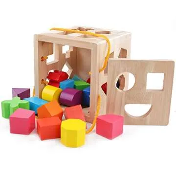 QZMTOY Shape Sorter Toys with 19 Shape Blocks,Shape Sorting Cube Toy Box Classic Wooden Toys for Tod...